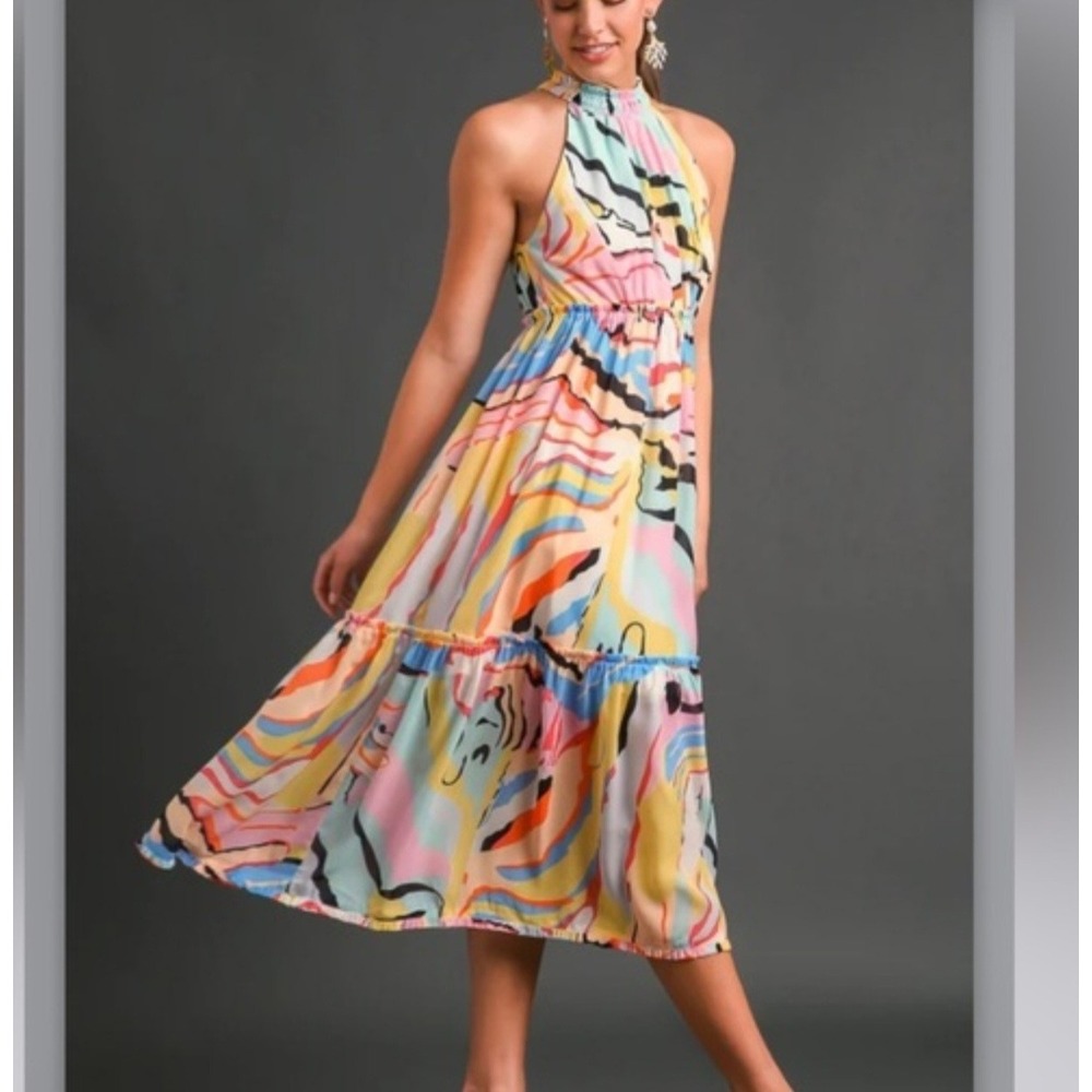 Lyn Burches Halter Midi Dress Womens L Multi Color Abstract Tiered Ruffle Flowy